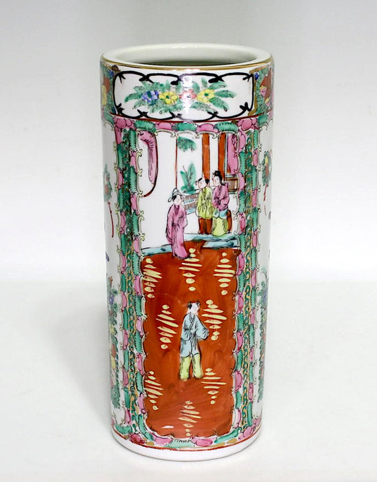 Vintage Chinese Hand Painted Rose Medallion White Porcelain Hat Stand Vase