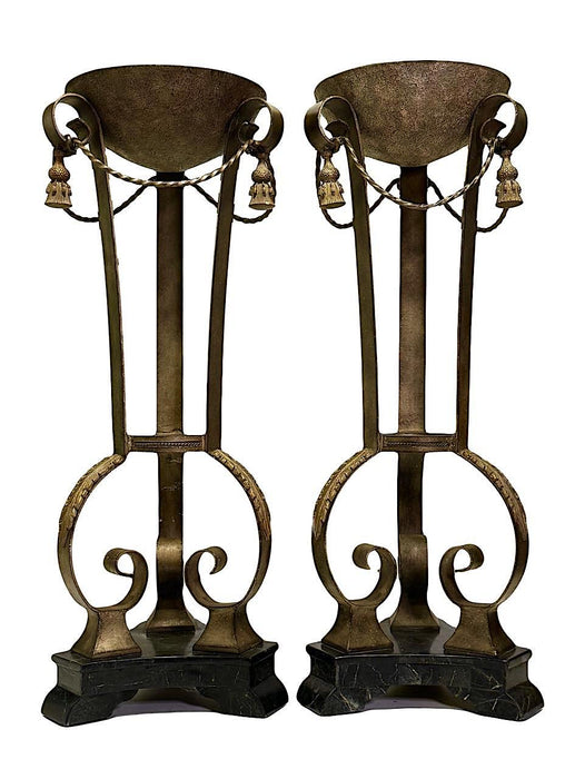 Hollywood Regency Bronzed Wrought Iron & Marble Pedestals Fern/Display Stands, a Pair