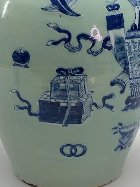 Mid 19th Century Chinese Blue and White Enamel on Celadon Antique Ginger Jar With Auspicious Objects