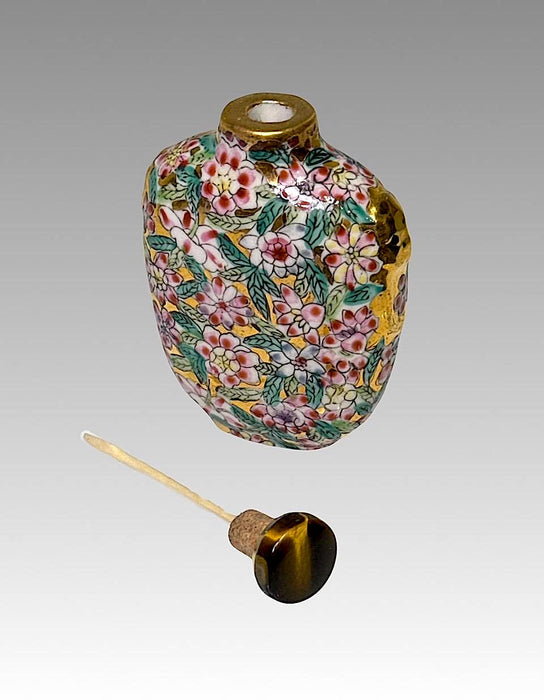 Vintage Chinese Porcelain Gold Snuff Bottle with Fu Dog Handles and Mille Fleur Design - Signed