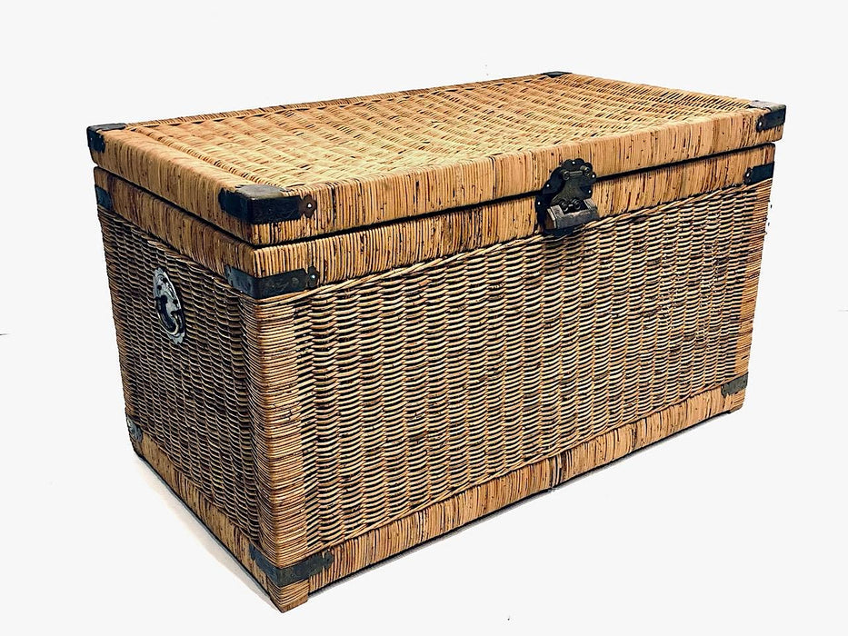 Vintage Rustic Oriental/Asian Woven Wicker Storage Trunk With Engraved Chinese Brass Fittings (Chinoiserie)