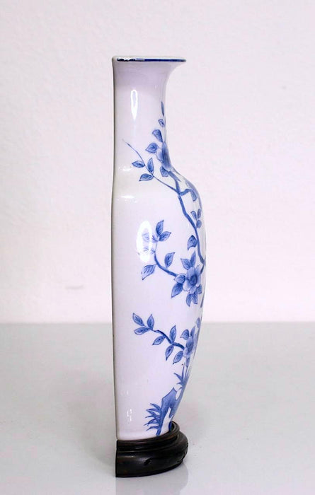Vintage Japanese Blue & White Floral Mounted Wall Pocket Vase with Birds