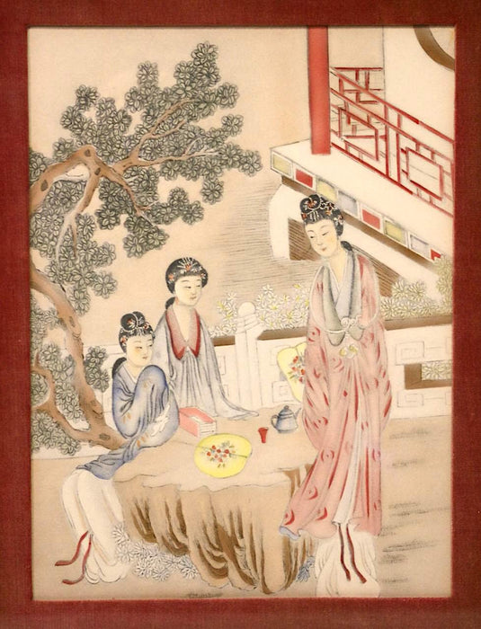Vintage Chinoiserie Collotype Framed Prints Ladies Gathering in the Garden, A Pair