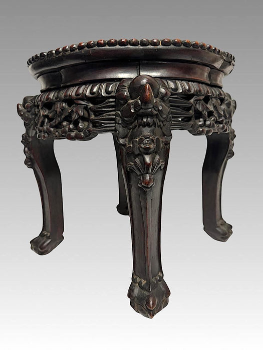 Antique Chinese Carved Rosewood and Inlaid Marble Taboret Table / Pedestal / Low Stool with Foo Dogs