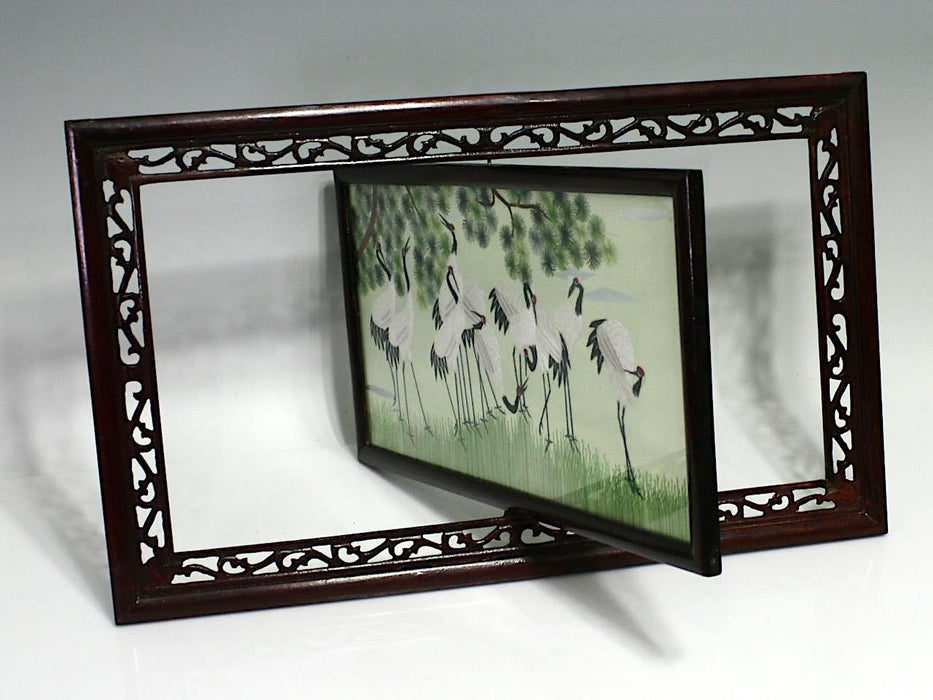 Red Crowned Cranes Under a Pine Trees, Rotating Chinese Republic Framed Silk Embroidery