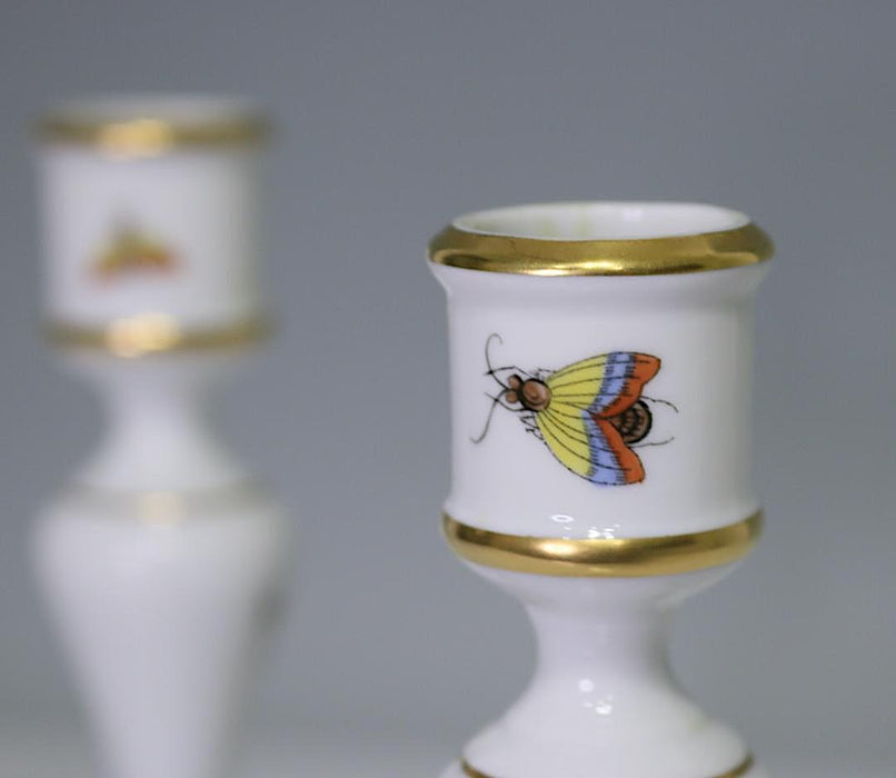 Herend Rothschild Hand Painted White Porcelain Candlesticks With Garden Birds and Butterflies, a Pair