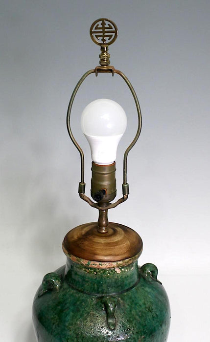 Antique Shiwan Martaban Jar Table Lamp with Green Flambe Glaze & Gold Silk Shade