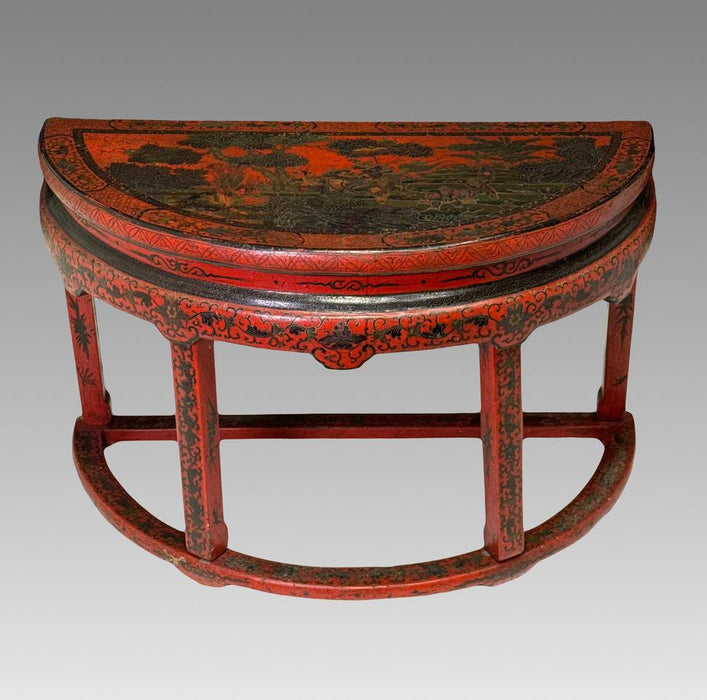 Antique Chinese Red Lacquer Demi Lune Console or LampTable, Qing Dynasty 19th Century