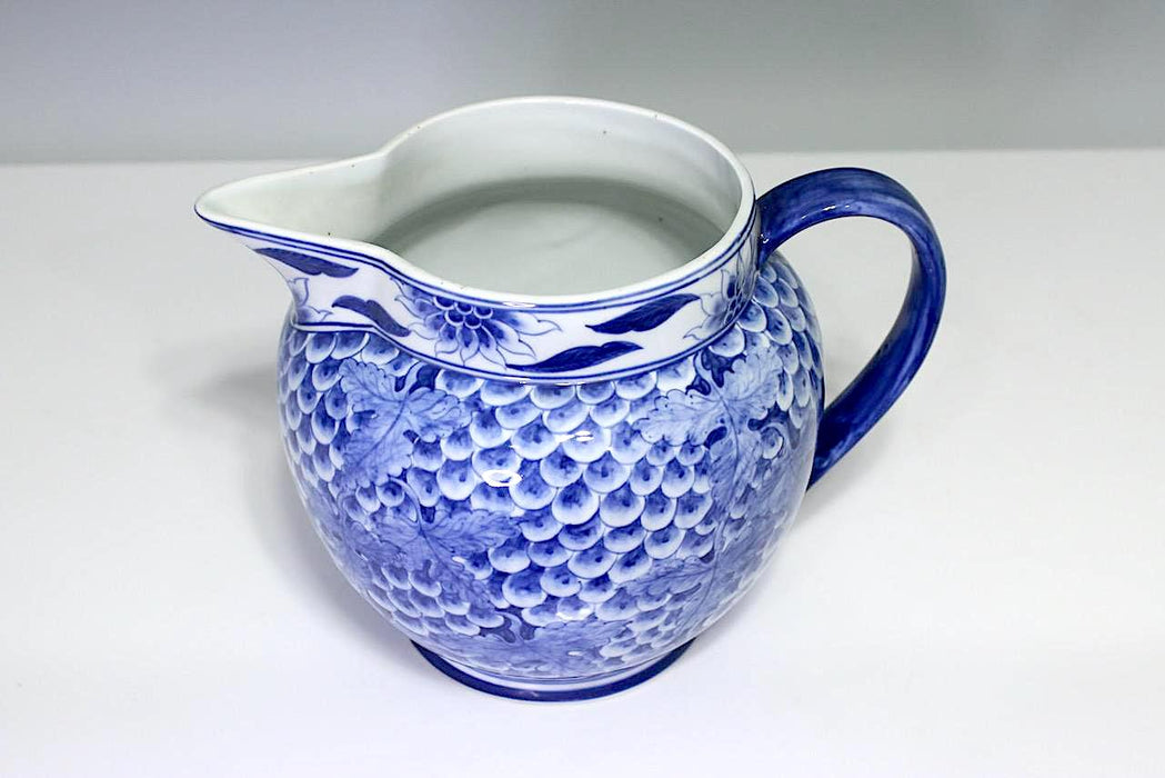 Large Vintage Chinese Blue & White Porcelain Pitcher or Jug, Grape and Vine Decoration