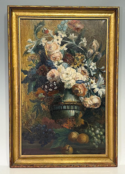 Antique 1920's Floral Oil on Canvas After Willem van Leen, Gold Leaf Frame