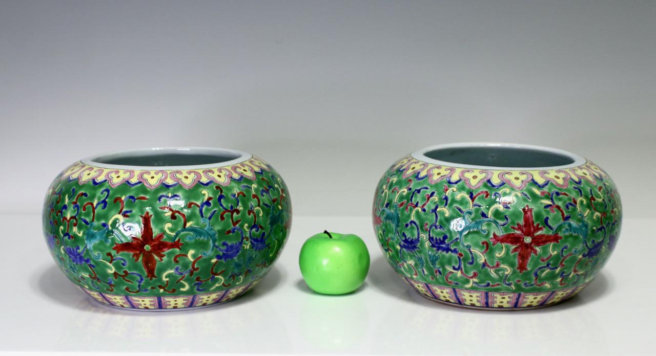 Vintage Chinese Jade Green Porcelain Planters With Tongzhi Seal Marks, Republic Period, a Pair