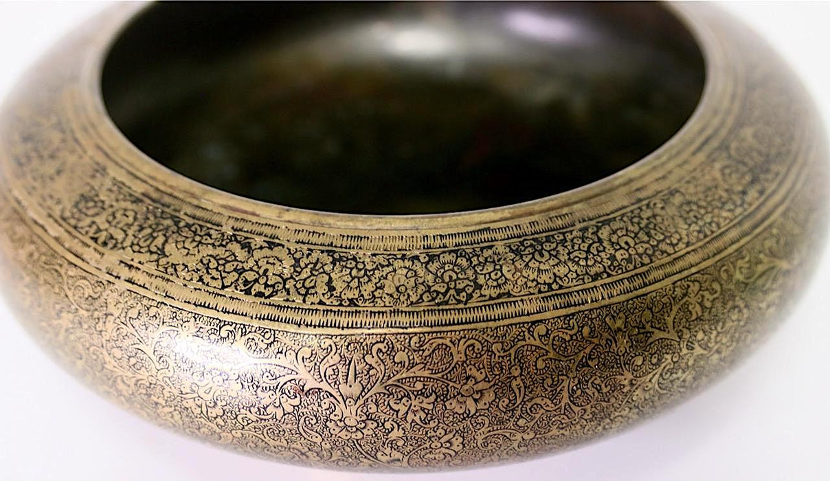 Antique Asian Engraved/Etched Bronze Pedestal Round Bowl or Catchall with Persian Design