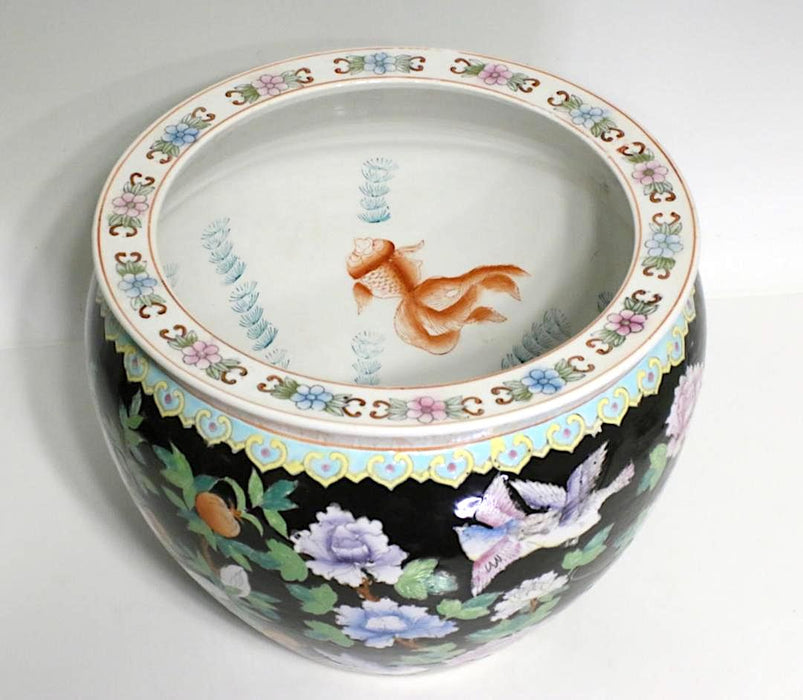 Large Vintage Chinese Famille Noire Black "Fish Bowl" Porcelain Planter with Wood Stand, Jingdezhen Hallmark
