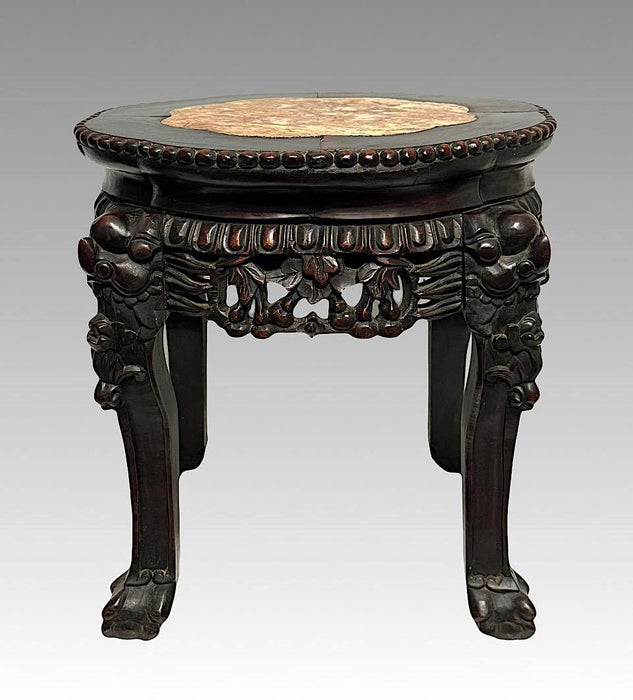 Antique Chinese Carved Rosewood and Inlaid Marble Taboret Table / Pedestal / Low Stool with Foo Dogs