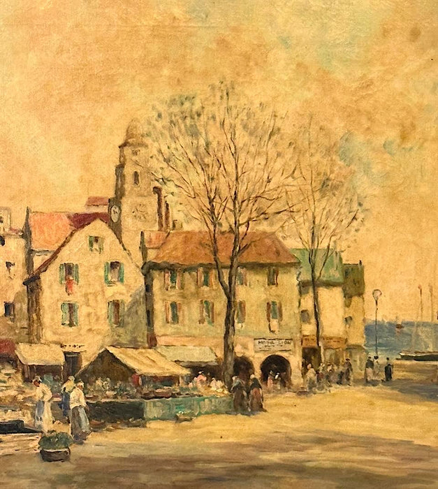 Brittany Market Place, France, Original Antique Oil on Canvas by American Listed Artist Dennis Ainsley