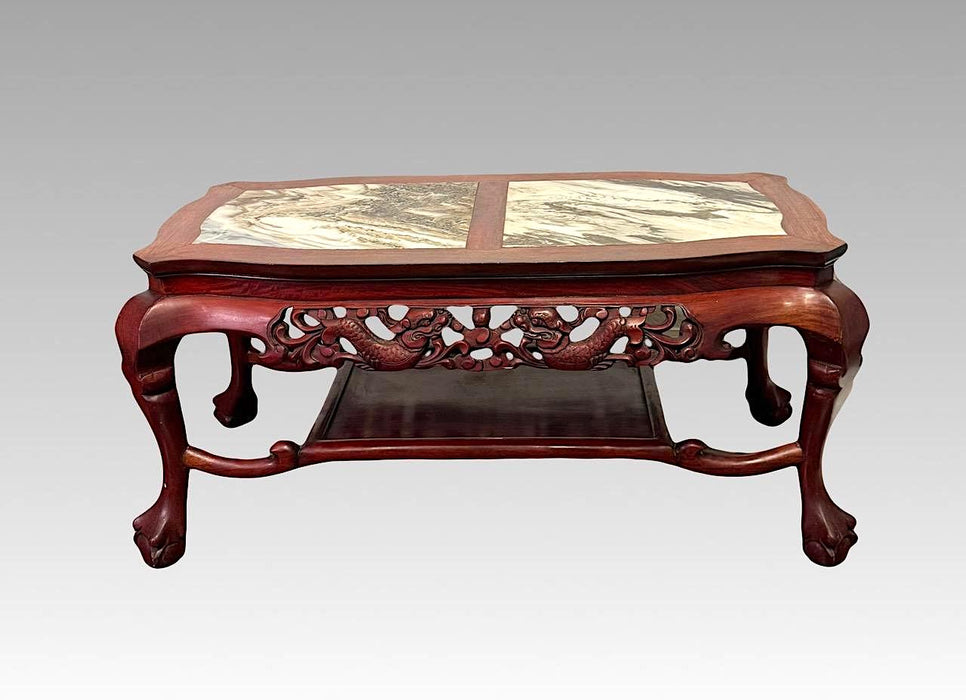 Hua Loong Chinese Dream Stone & Dragon Rosewood Coffee Table With Inset Grey White Marble