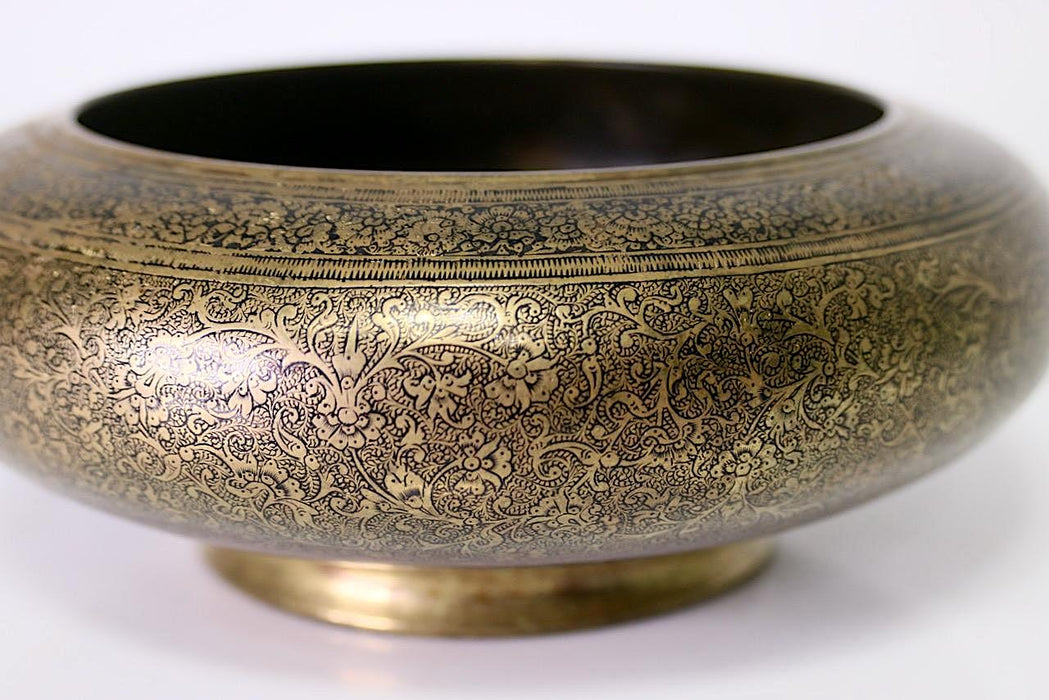 Antique Asian Engraved/Etched Bronze Pedestal Round Bowl or Catchall with Persian Design