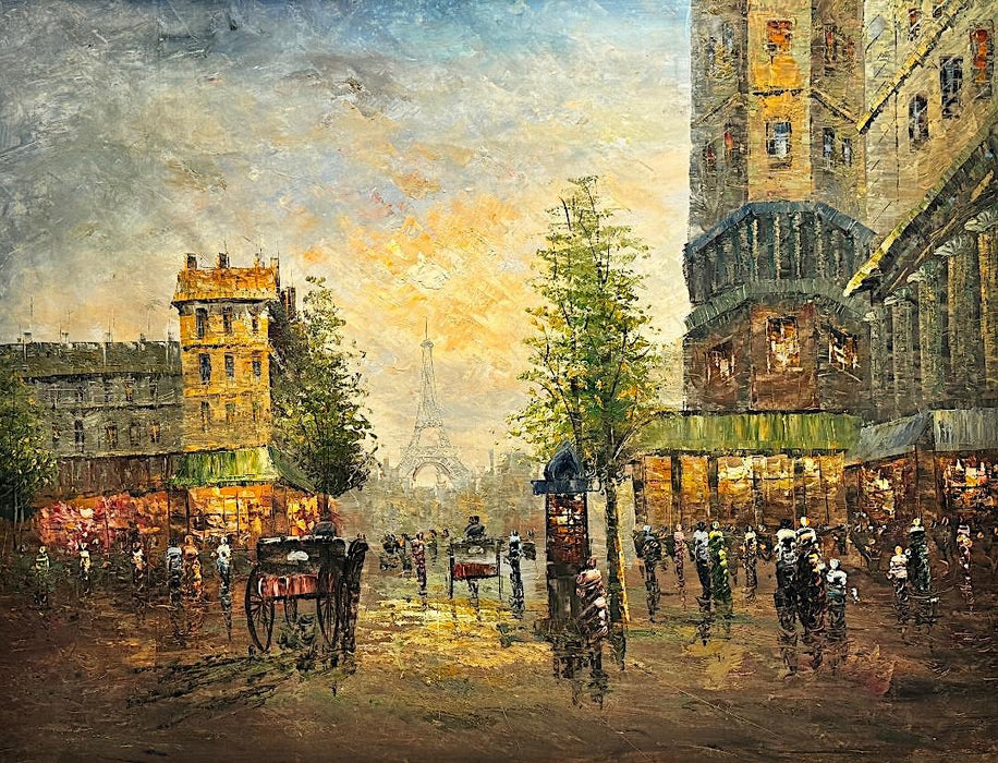 Vintage Large Scale Parisian Street Scene, Original Oil on Canvas Painting