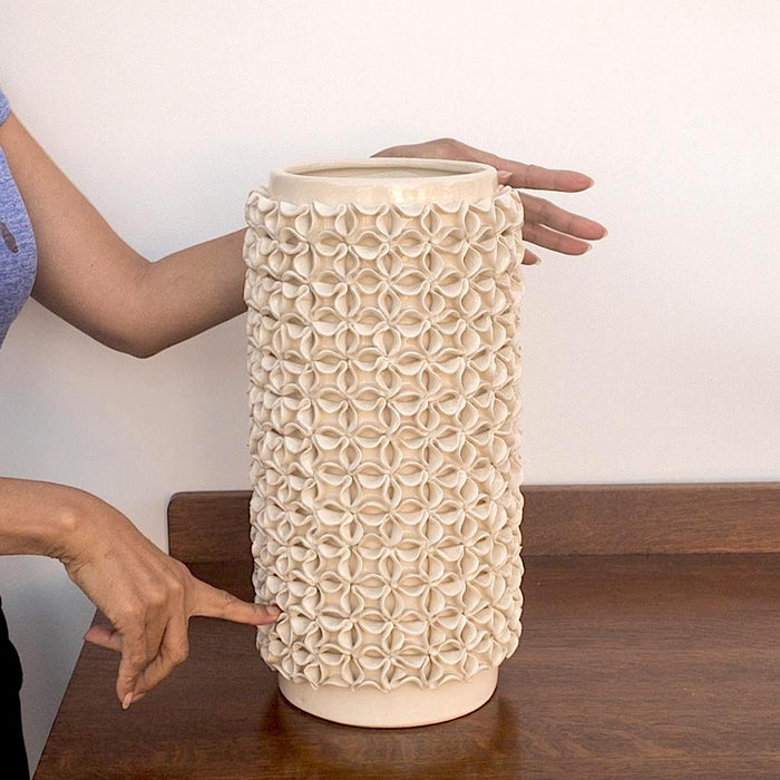 Large Mid Century Modern Cream Glazed 'Le Floret' Cylindrical Ceramic Vase