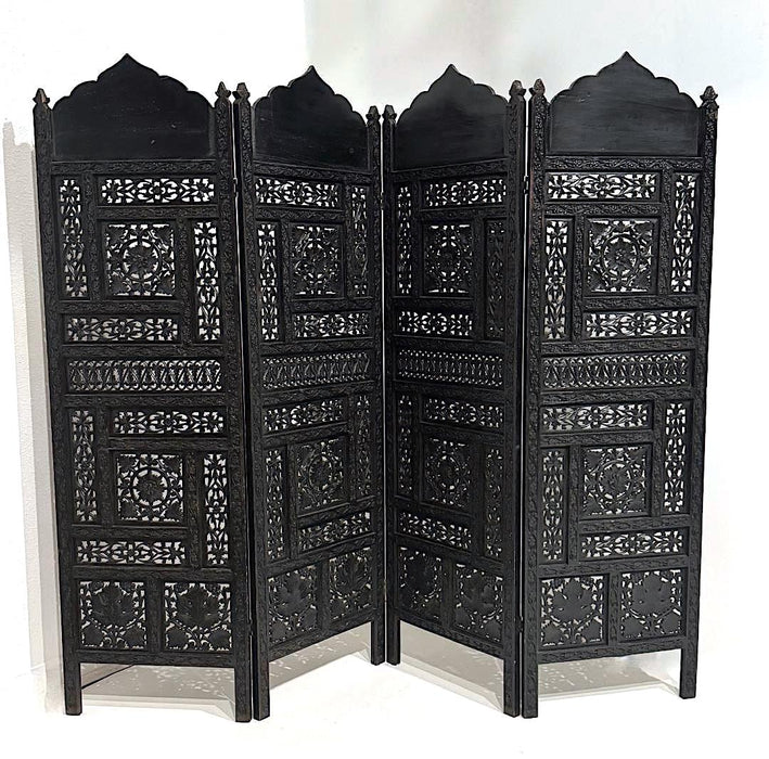 Antique Intricately Carved Openwork 4-Panel Ebony Black Oak Floor Screen with Vines, Leaves and Grapes
