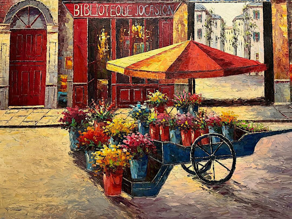 The French Flower Cart on a Village Street, Large Vintage Original Oil on Canvas Painting, Unframed