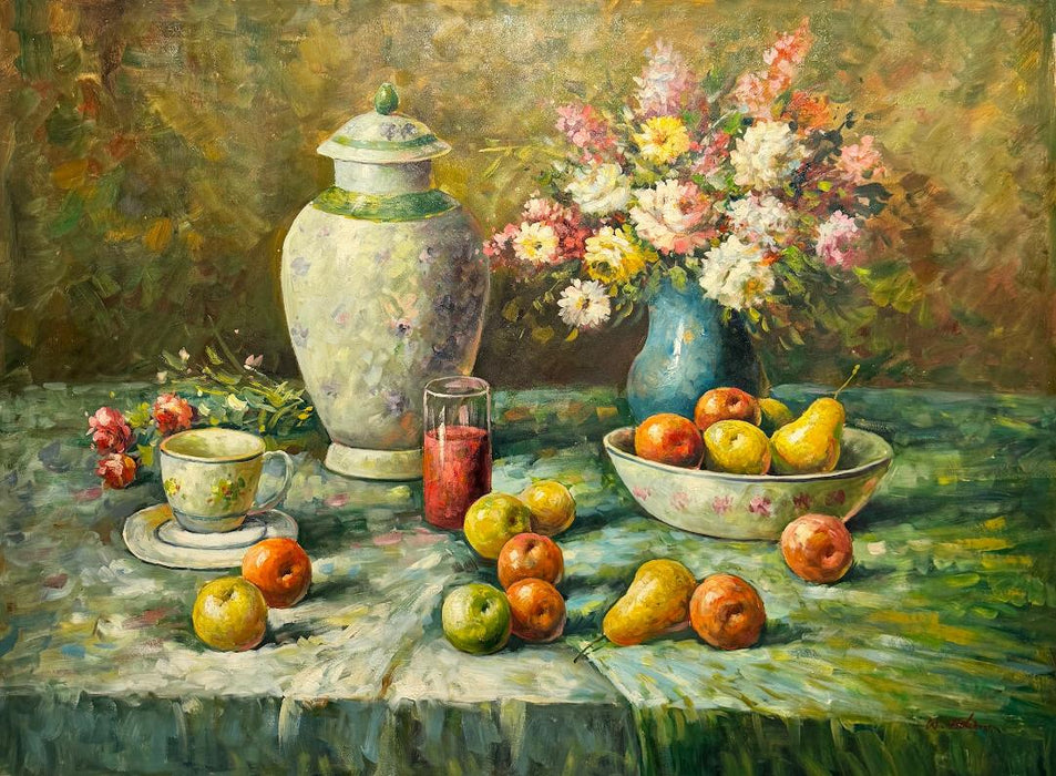 Vintage Large Scale Original Oil on Canvas Impressionistic Still Life of Fruit & Flowers, Signed W. Adam