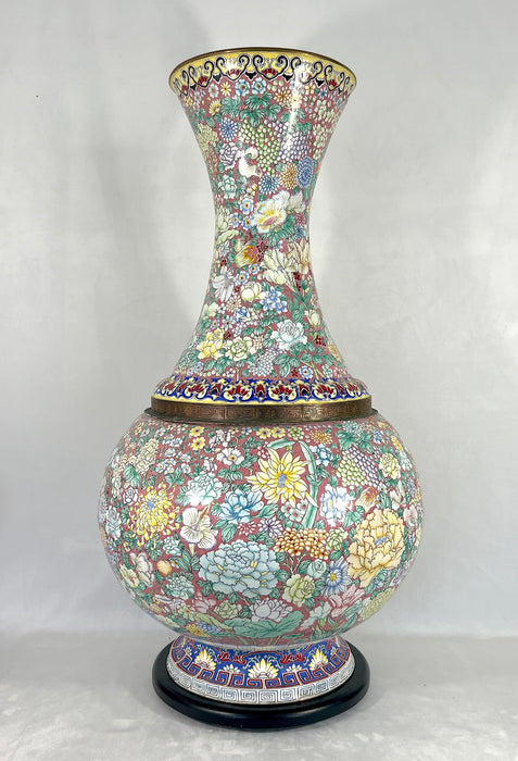 Massive 20th. Century Chinese Republic Enamel Over Brass 1000 Flower & Lotus Pond Floor Vase 30"