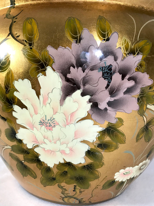 Vintage Japanese Gold 'Kinpaku' Porcelain Planter With Birds and White & Mauve Flowers
