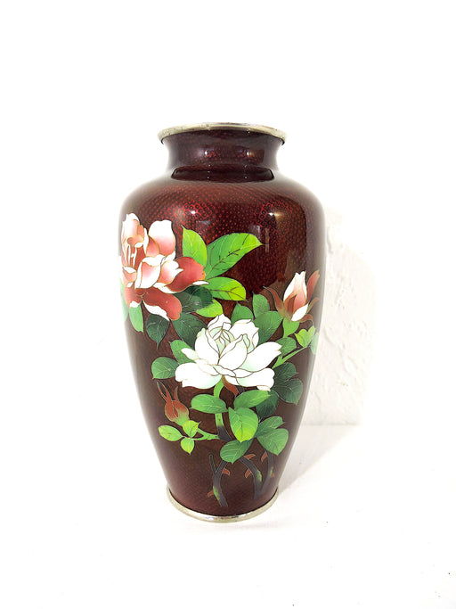 Vintage Japanese 'Red and White Rose' Vase Ginbari Cloisonné With Silver Trim