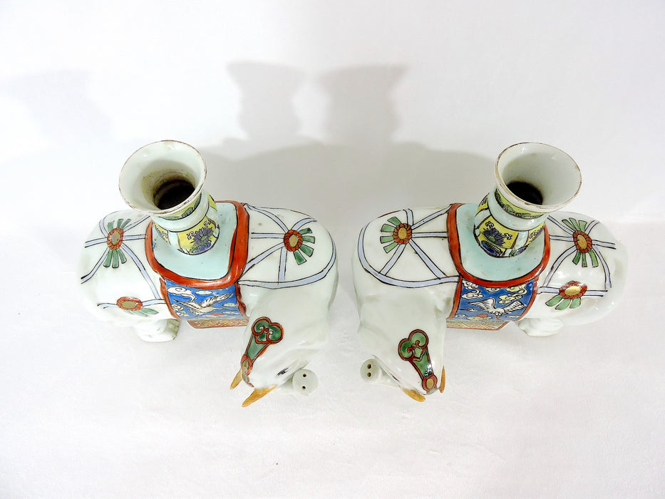 Early 20th Century Export White Caparisoned Elephant Candleholders / Joss Stick Holders - a Pair