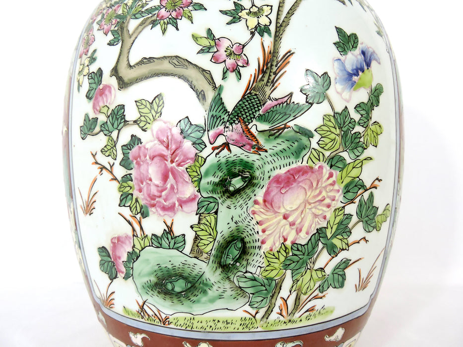 Large Antique Chinese Famille Rose Floral Ginger Jar With Phoenix, Tongzhi Mark 1862-1874