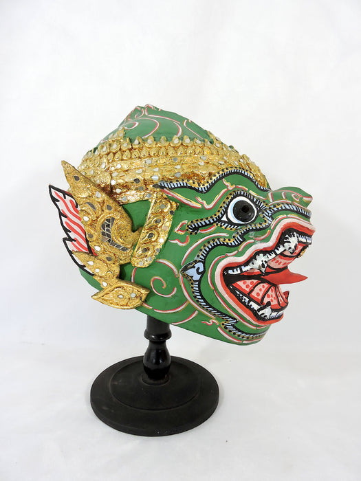1980's Handmade Paper Mache Thai Hanuman Mask & Stand - Ramayana Head Dress, 13.5"