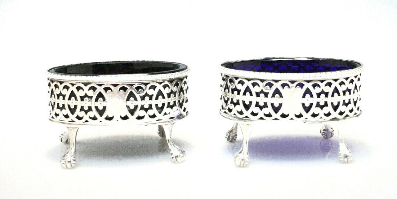 Antique English Sterling Silver Pair Salt Cellars w/ Glass Liners London 1778