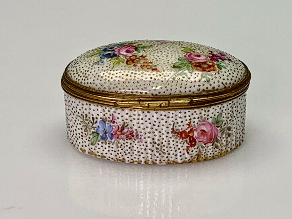 French Porcelain Oval Snuff Box Enameled Decoration with Ormolu Mounts 18th C