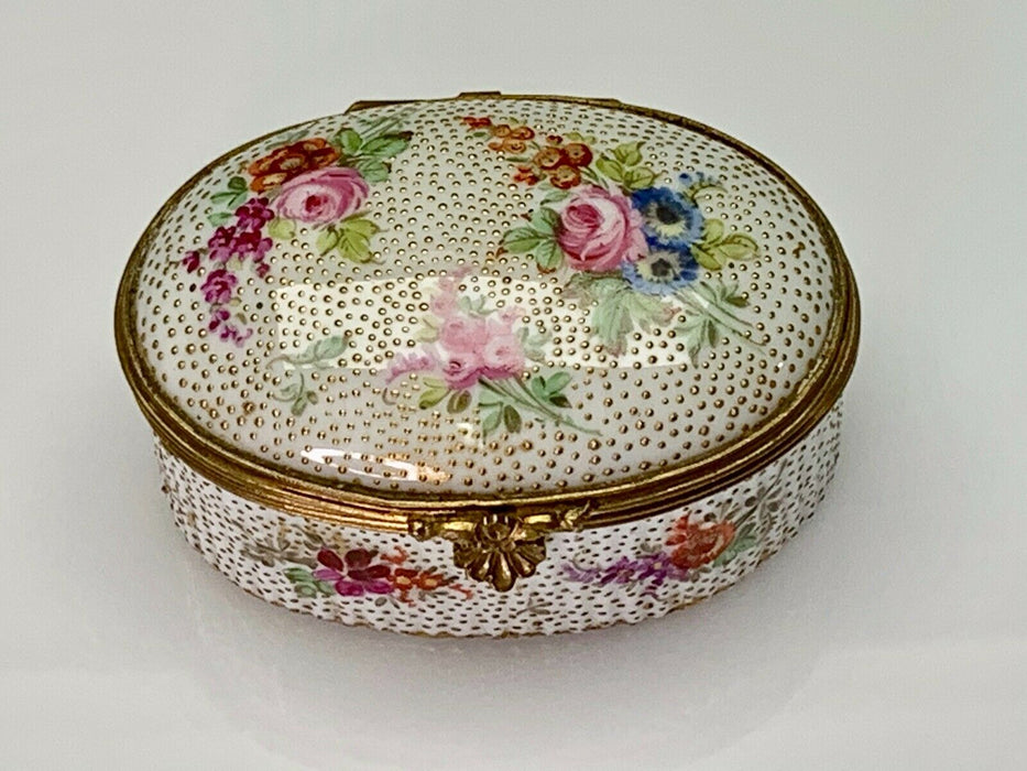 French Porcelain Oval Snuff Box Enameled Decoration with Ormolu Mounts 18th C