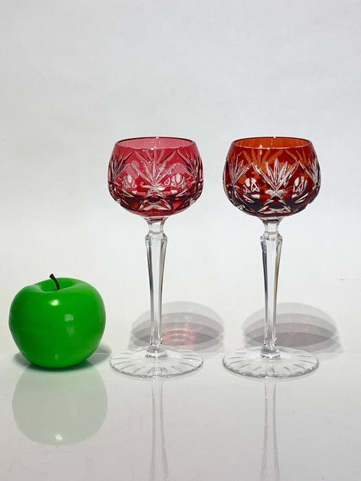 Set of 2 Cranberry Cut to Clear Bohemian Cased Glass Wine Goblets