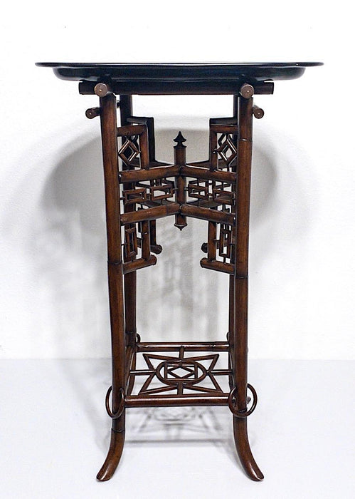 Vintage Chinoiserie Bamboo Tray Table With Black Lacquer & Gold Scenic Tray