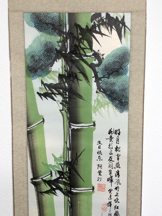 Vintage Chinese Bamboo & Red Cherry Blossom Scroll, Original Hand Painted Wall Hanging