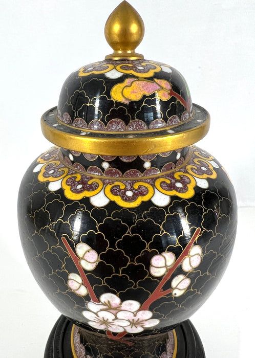 Vintage Chinese Black Cloisonne Lidded Ginger Jars / Urns / Vases With Pink & White Peonies - a Pair, Wood Stands, Boxed
