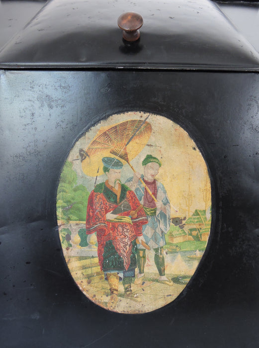 Collectable Antique English 'Store Size' Chinoiserie Black Tin Tea Caddy / Storage Box