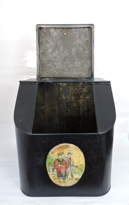 Collectable Antique English 'Store Size' Chinoiserie Black Tin Tea Caddy / Storage Box
