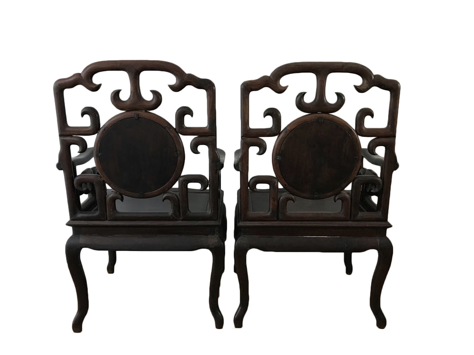 Pair of Late Qing Chinese Arm Chairs & Table Suite, Black Wood and Dali Lake Marble (Hongmu)