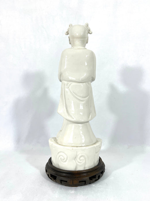 Vintage White Blanc De Chine Porcelain Figurine of a Young Chinese Girl on Wood Stand