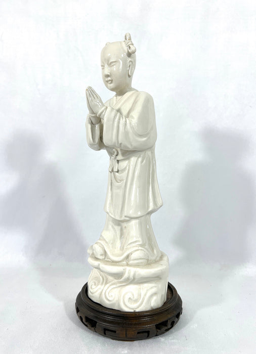 Vintage White Blanc De Chine Porcelain Figurine of a Young Chinese Girl on Wood Stand