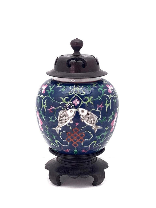 Mid Century Hong Kong Chinese Ginger Jar With Lucky Double Fish, Blue Glaze Ground