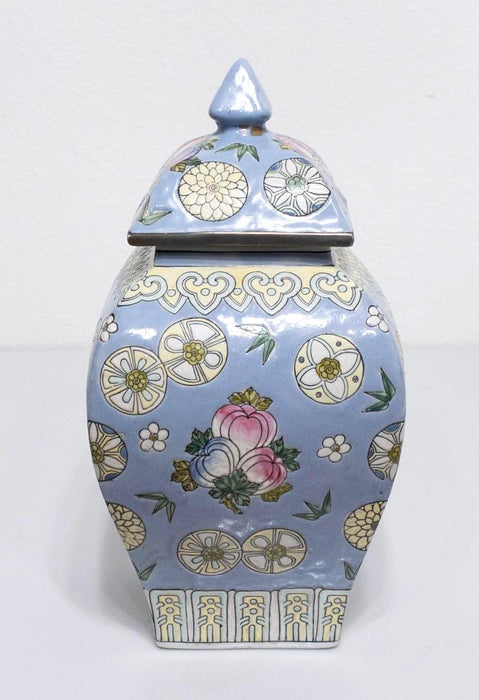 Vintage Chinese Porcelain Square Pale Blue Ginger Jar or Urn With Flower Balls, Tongzhi Reign Mark