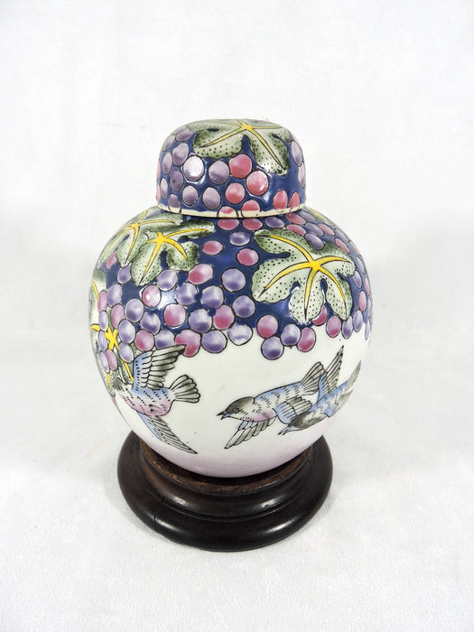 Vintage Chinese Ginger Jar With Vines, Grapes & Blue Birds on Wood Stand