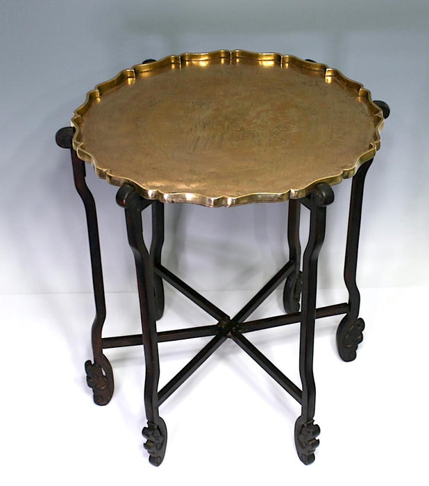 Antique Chinese Folding Golden Brass Tray Table With Engraved Scene & Dragon Legs