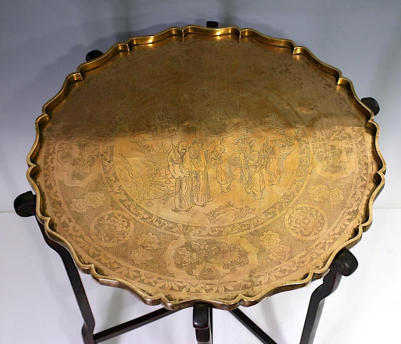 Antique Chinese Folding Golden Brass Tray Table With Engraved