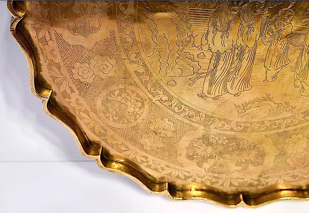 Antique Chinese Folding Golden Brass Tray Table With Engraved Scene & Dragon Legs